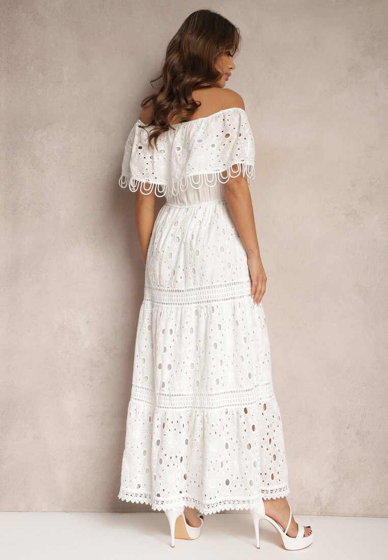 Biała Bawełniana Sukienka Hiszpanka z Ażurowymi Wstawkami Irinias