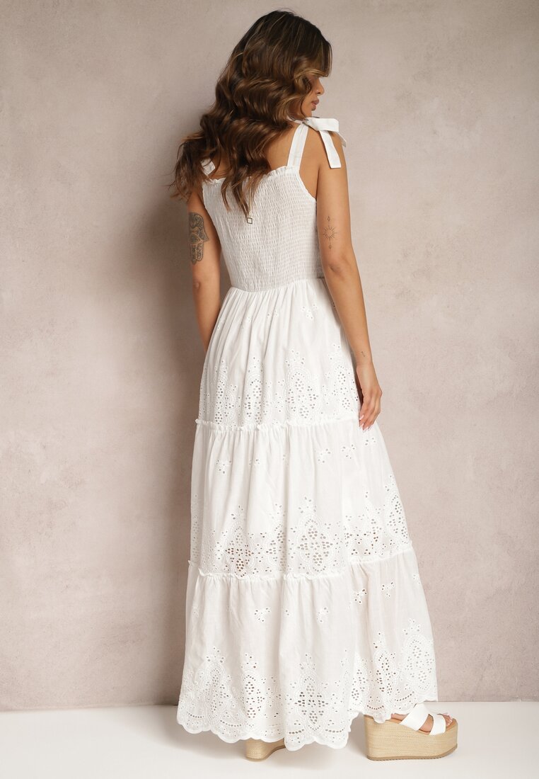 Biała Ażurowa Sukienka Rozkloszowana Maxi z Bawełny z Wiązanymi Ramiączkami Miresta