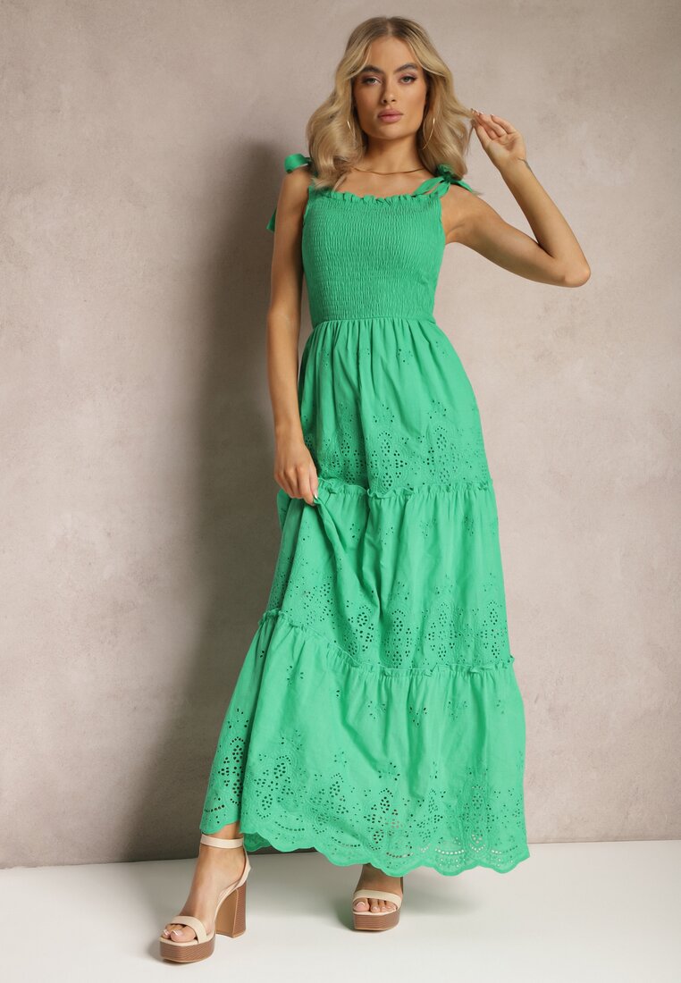 Zielona Ażurowa Sukienka Rozkloszowana Maxi z Bawełny z Wiązanymi Ramiączkami Miresta
