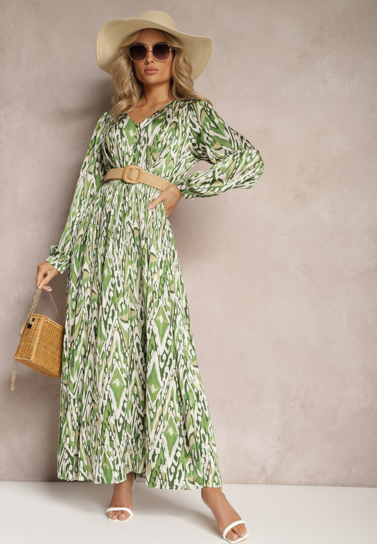 Zielona Rozkloszowana Sukienka Maxi z Gumką w Pasie Ozdobiona Abstrakcyjnym Wzorem Raliven