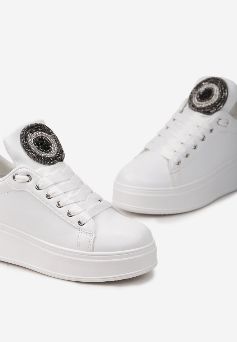 Biało-Czarne Sneakersy na Platformie z Cyrkoniami na Szerokim Języku Esirel