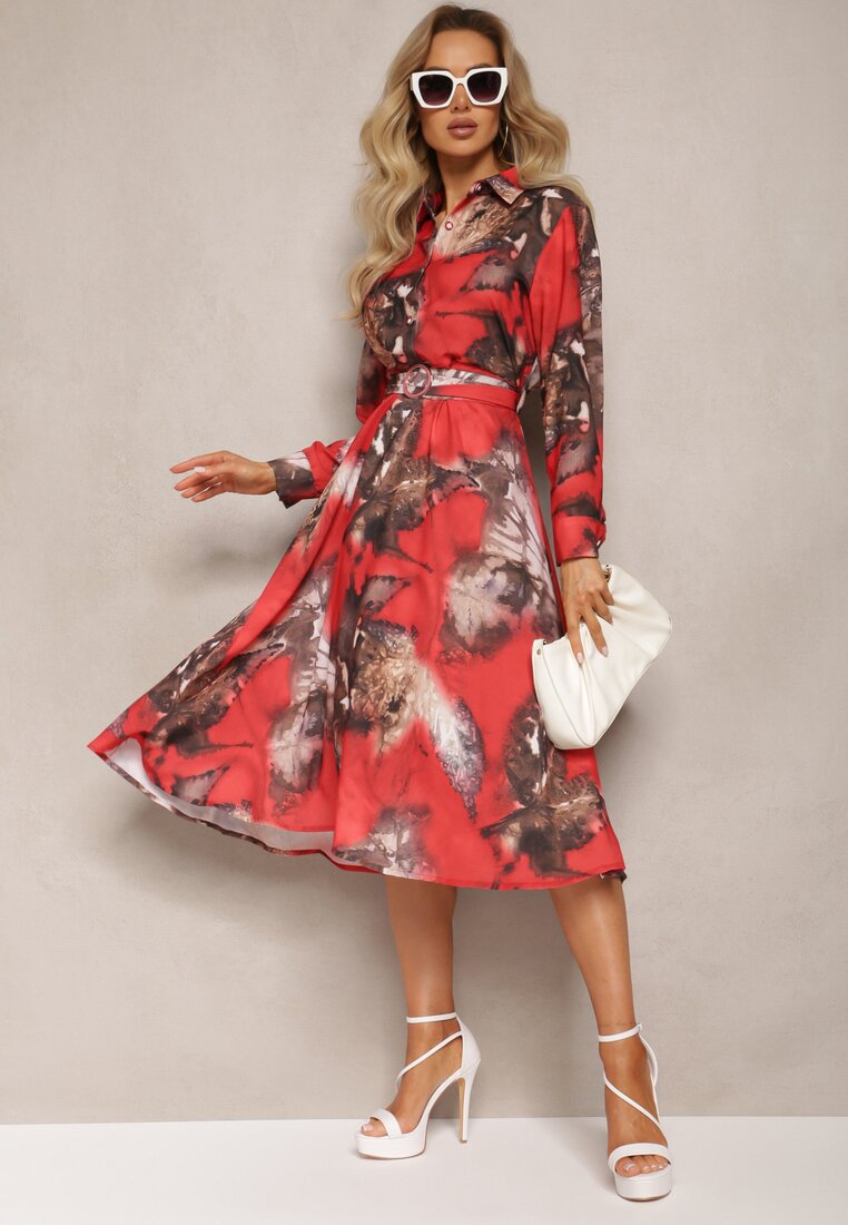 Czerwono-Brązowa Rozkloszowana Sukienka Midi z Paskiem z Klamrą Qirvina
