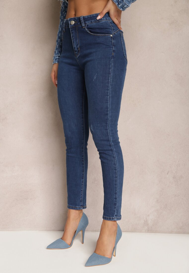 Granatowe Skinny Jeansy z Przetarciami Push-Up Zireal