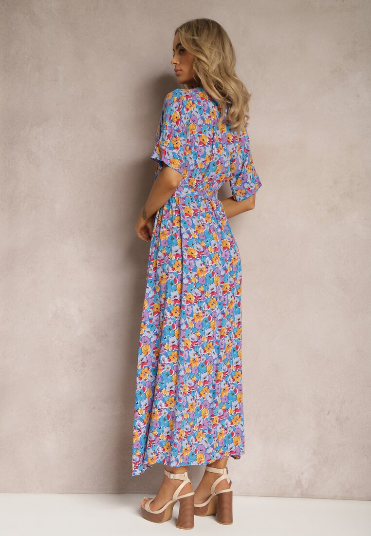Niebiesko-Fioletowa Wiskozowa Sukienka Midi ze Wzorem w Kwiaty i Paskiem Dewira