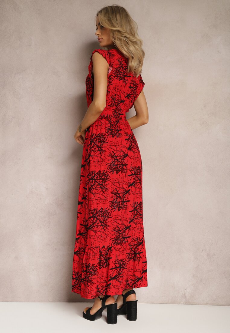 Czerwona Rozkloszowana Sukienka z Wiskozy Maxi z Kopertowym Dekoltem Luksia