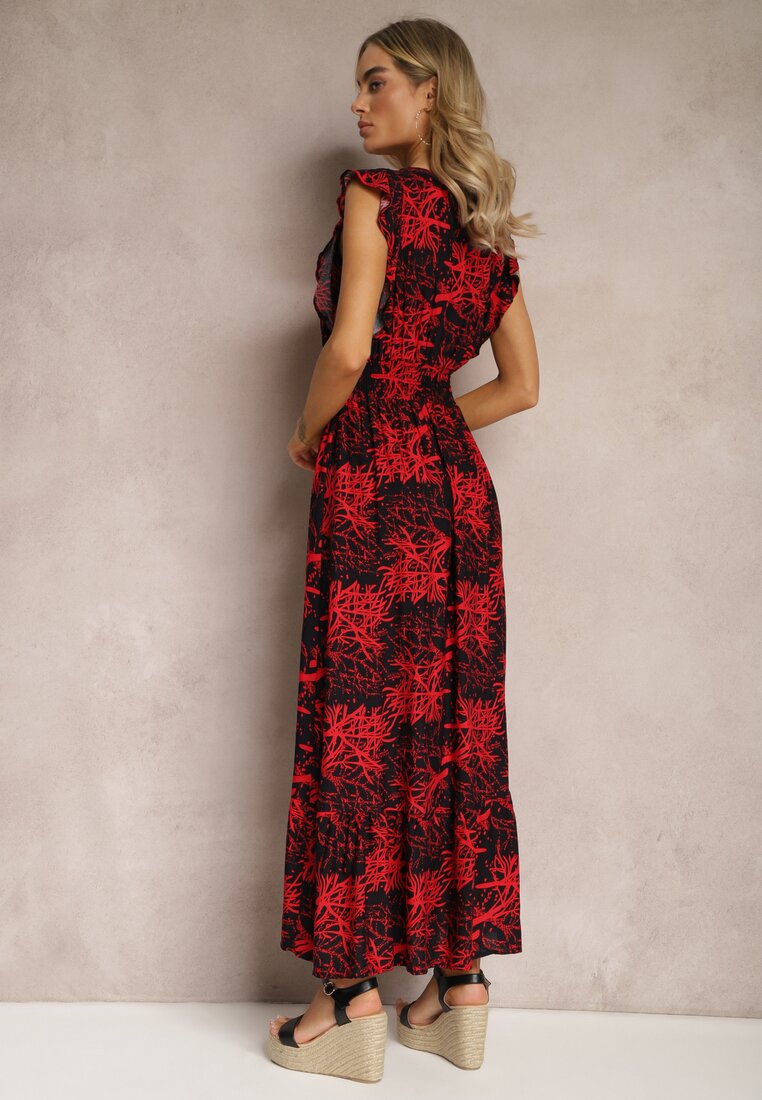 Czarno-Czerwona Rozkloszowana Sukienka z Wiskozy Maxi z Kopertowym Dekoltem Luksia