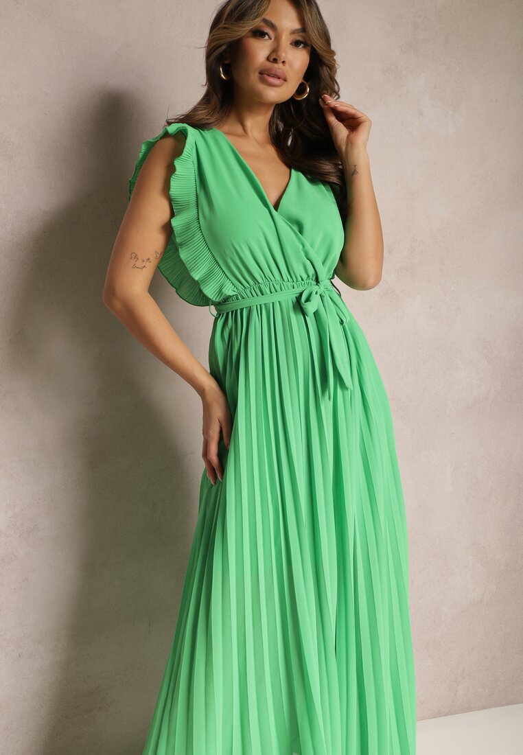 Zielona Wiskozowa Sukienka Maxi z Plisowaniem o Rozkloszowanym Kroju i Kopertowym Dekolcie Fliceris