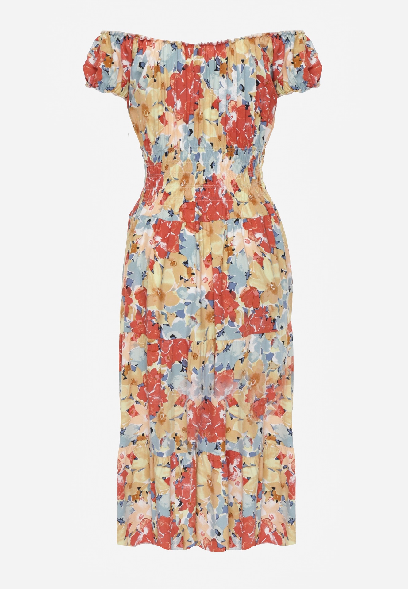 Różowo-Beżowa Sukienka Midi z Krótkim Rękawem z Wiskozy w Kwiaty Emena