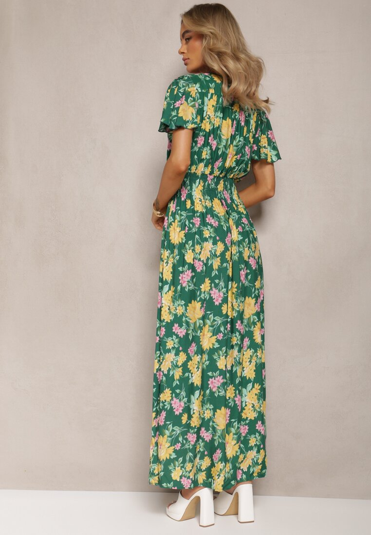 Zielono-Żółta Maxi Sukienka w Kwiaty z Wiskozy o Rozkloszowanym Kroju z Kopertowym Dekoltem Brilva