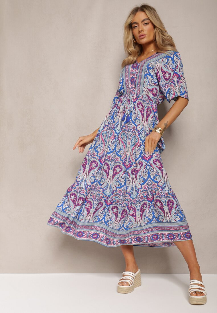 Niebiesko-Fuksjowa Wiskozowa Sukienka Maxi z Gumką w Pasie Ozdobiona Wzorem Paisley Larite