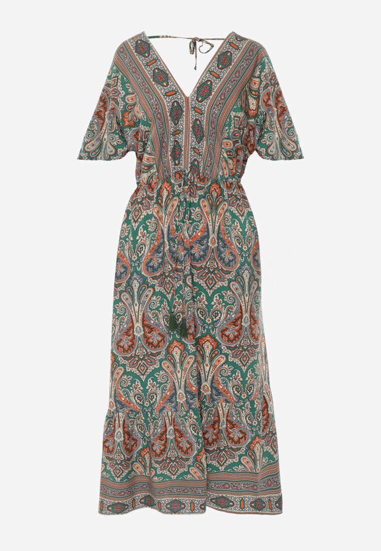 Rochie maxi verde-maro din viscoză cu elastic în talie decorată cu model paisley Larite.
