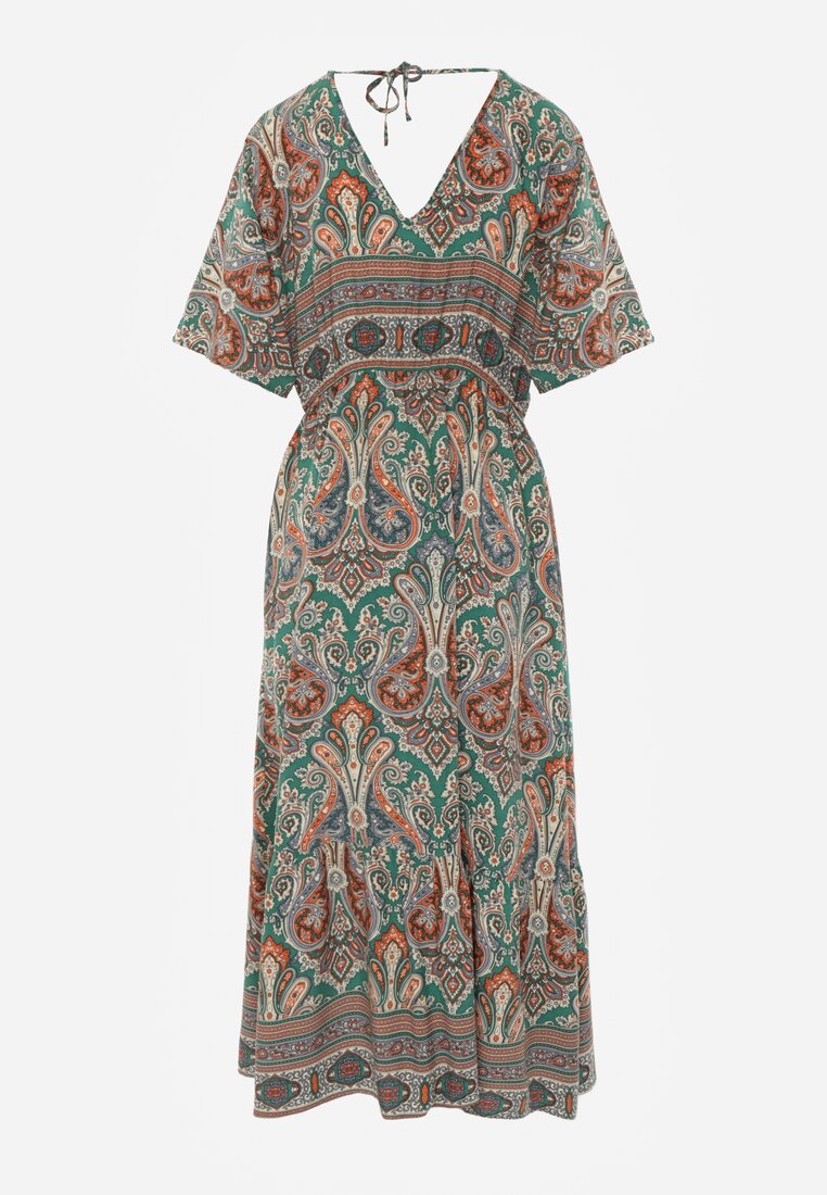 Rochie maxi verde-maro din viscoză cu elastic în talie decorată cu model paisley Larite.