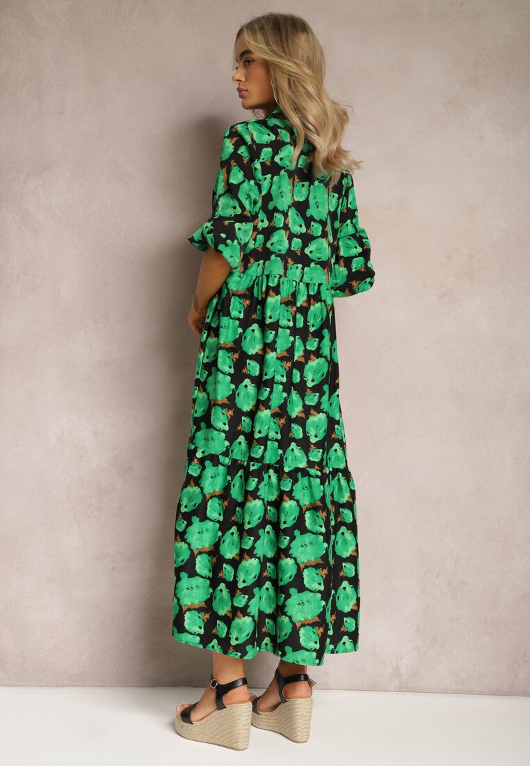 Zielono-Czarna Rozkloszowana Sukienka z Falbaną na Dole i Wzorem w Abstrakcyjne Róże Renaisse
