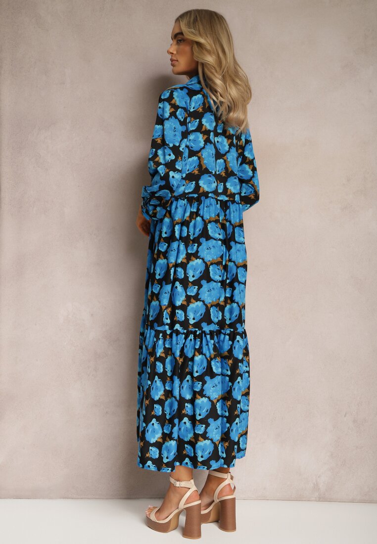 Niebiesko-Czarna Rozkloszowana Sukienka z Falbaną na Dole i Wzorem w Abstrakcyjne Róże Renaisse