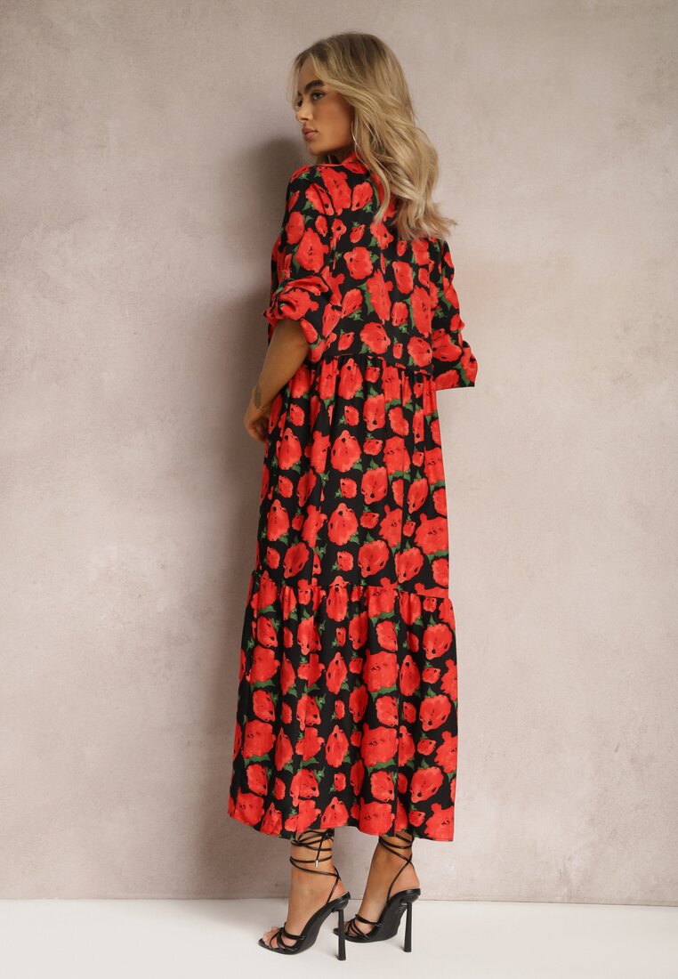 Czerwono-Czarna Rozkloszowana Sukienka z Falbaną na Dole i Wzorem w Abstrakcyjne Róże Renaisse