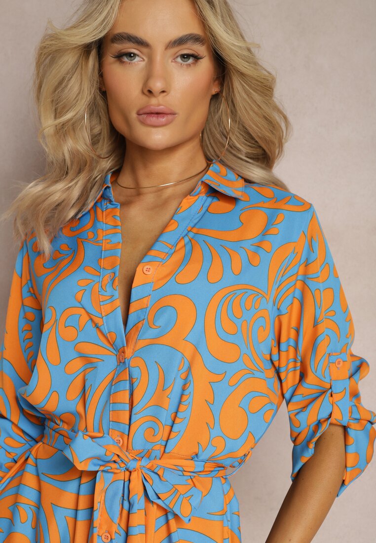 Niebiesko-Pomarańczowa Sukienka Koszulowa Maxi z Materiałowym Paskiem w Abstrakcyjny Print Lirans