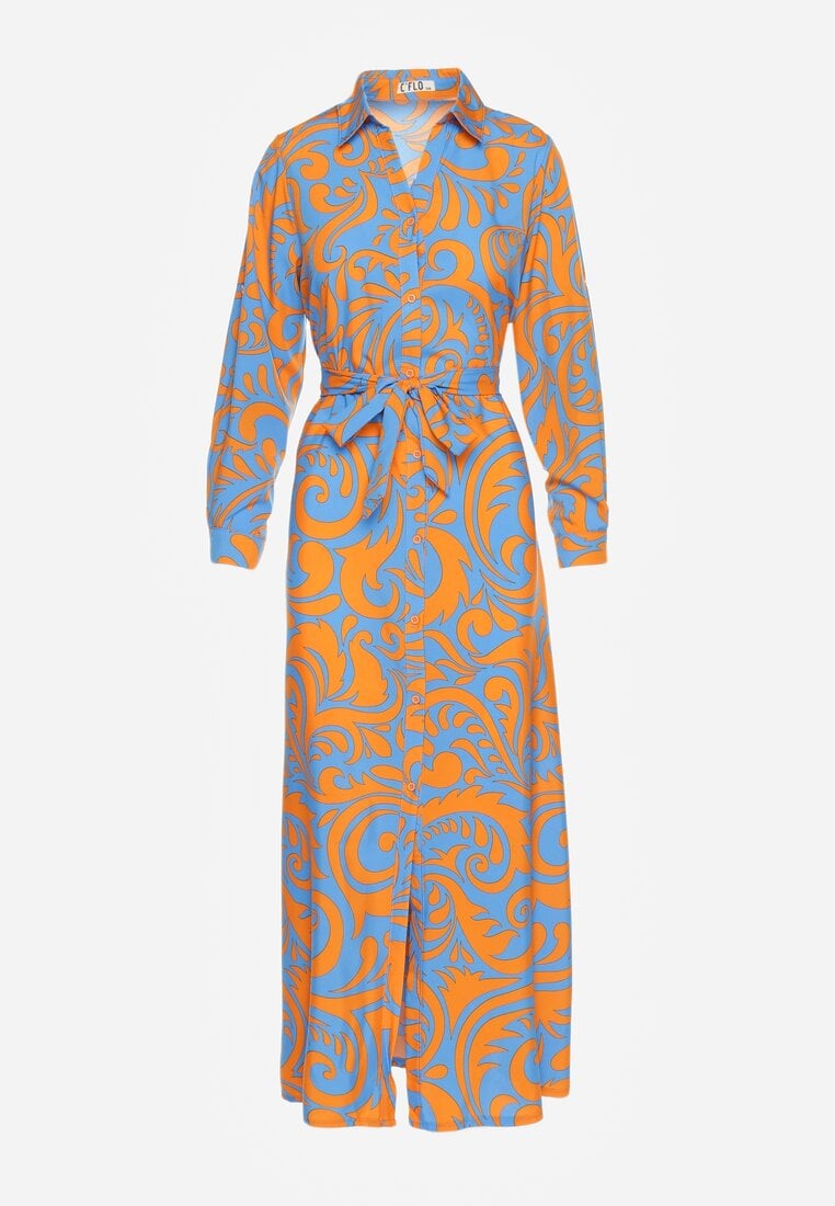 Rochie Cămașă Maxi Albastru-Portocaliu cu Imprimeu Abstract Lirans și Curea din Material