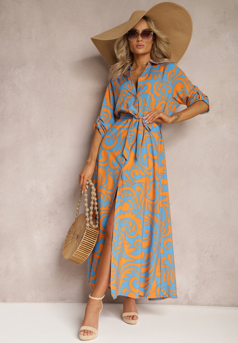Niebiesko-Pomarańczowa Sukienka Koszulowa Maxi z Materiałowym Paskiem w Abstrakcyjny Print Lirans