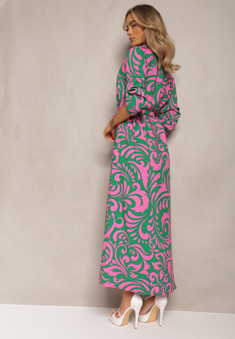 Zielono-Fuksjowa Sukienka Koszulowa Maxi z Materiałowym Paskiem w Abstrakcyjny Print Lirans