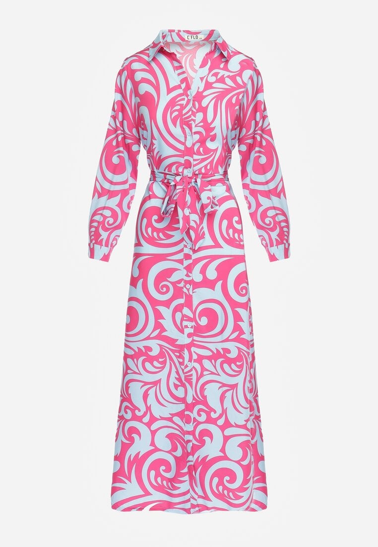Fuksjowo-Niebieska Sukienka Koszulowa Maxi z Materiałowym Paskiem w Abstrakcyjny Print Lirans