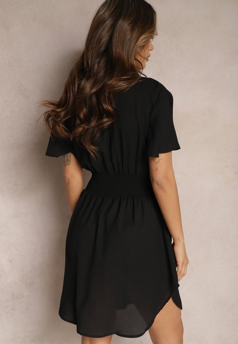 Czarna Wiskozowa Sukienka Mini z Koszulową Górą o Rozkloszowanym Kroju Lerinka