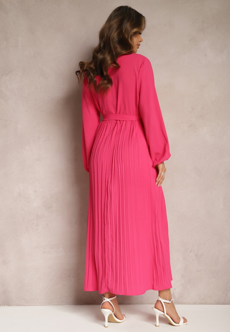 Różowa Rozkloszowana Sukienka Maxi Plisowana Wiązana w Pasie Terilla