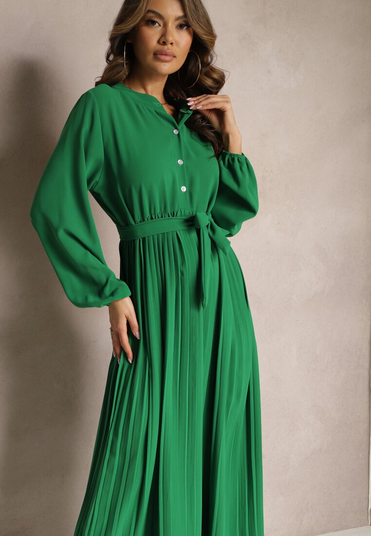 Zielona Rozkloszowana Sukienka Maxi Plisowana Wiązana w Pasie Terilla