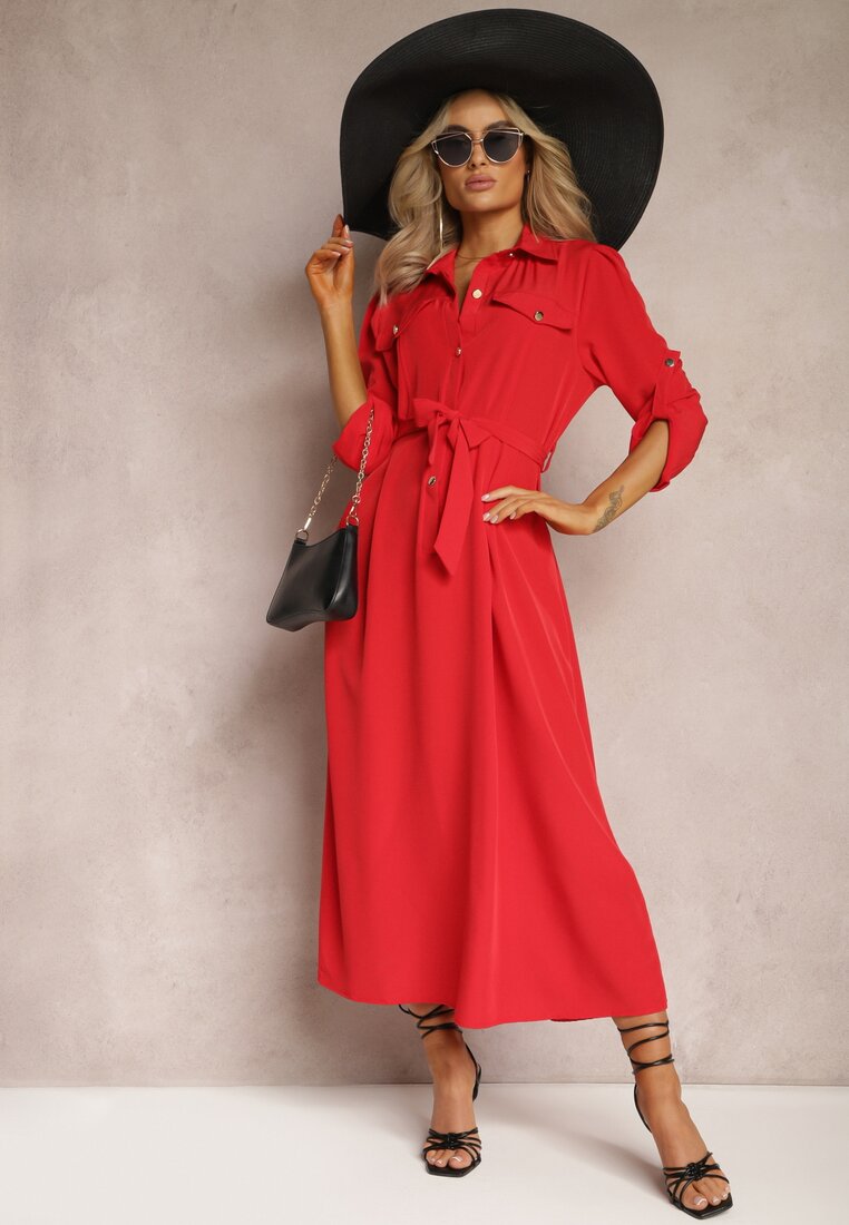 Czerwona Długa Sukienka z Rozkloszowanym Dołem i Koszulową Górą Kitesi