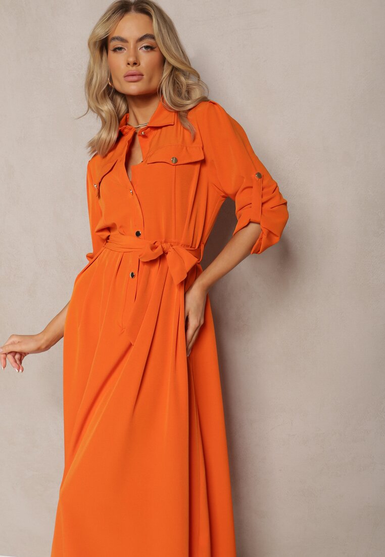 Pomarańczowa Długa Sukienka z Rozkloszowanym Dołem i Koszulową Górą Kitesi