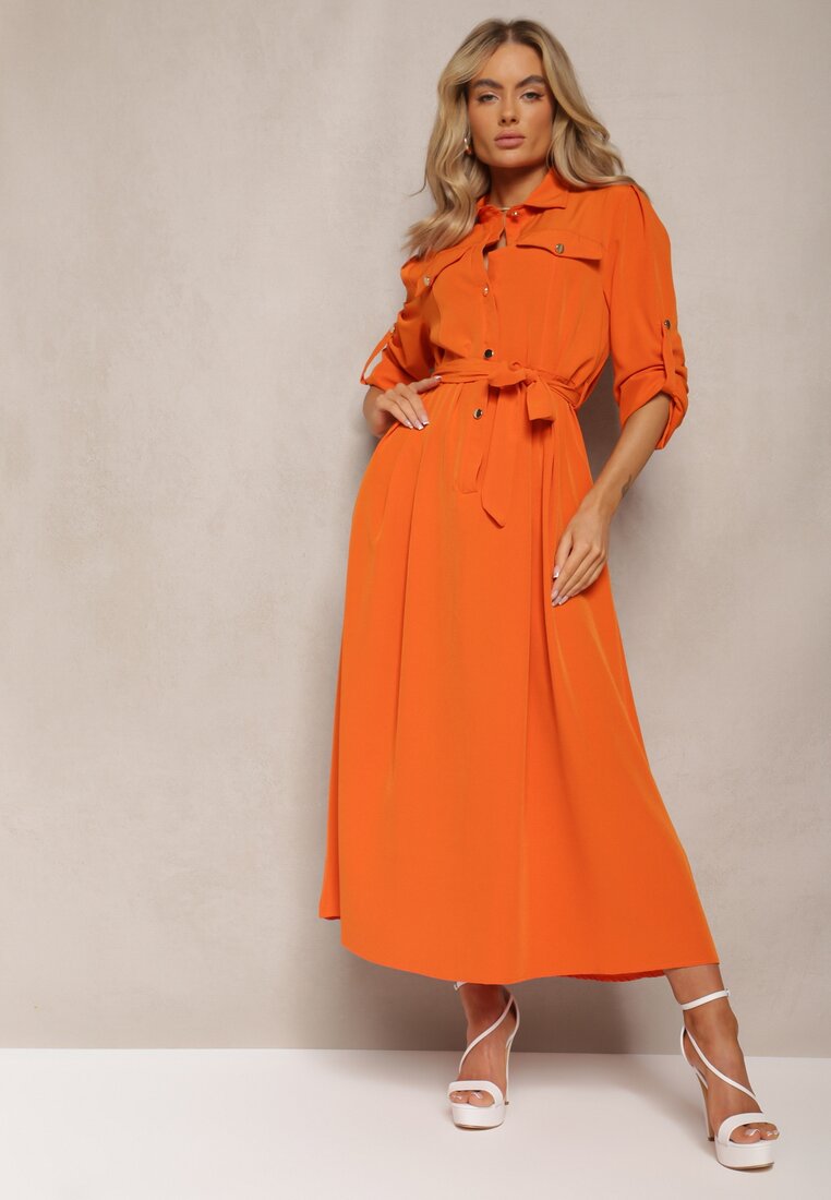 Pomarańczowa Długa Sukienka z Rozkloszowanym Dołem i Koszulową Górą Kitesi