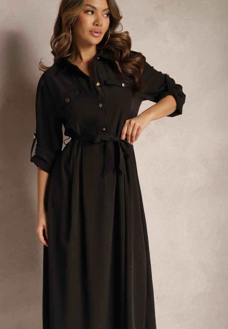 Czarna Długa Sukienka z Rozkloszowanym Dołem i Koszulową Górą Kitesi