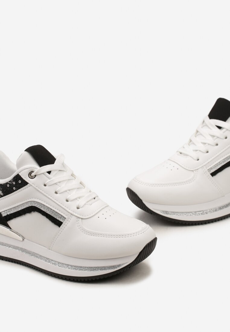 Biało-Czarne Sznurowane Sneakersy na Grubej Podeszwie z Cekinami i Brokatem Zallie
