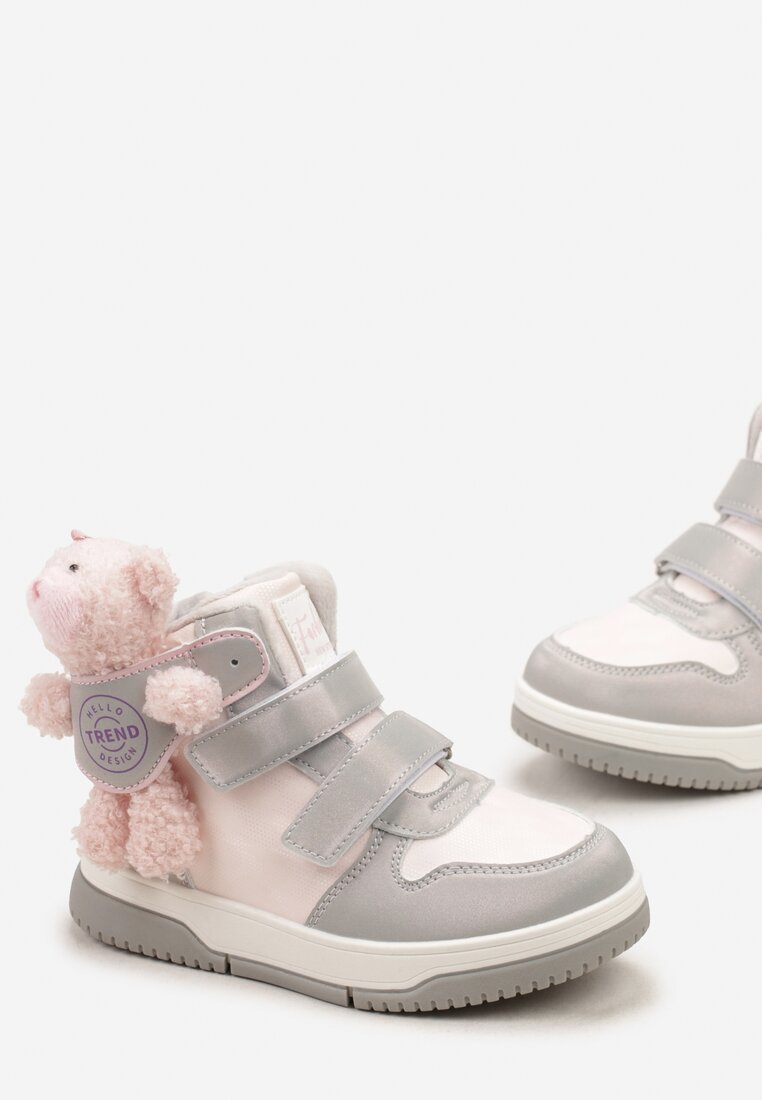 Srebrne Płaskie Botki Sneakersy z Misiem Devanda