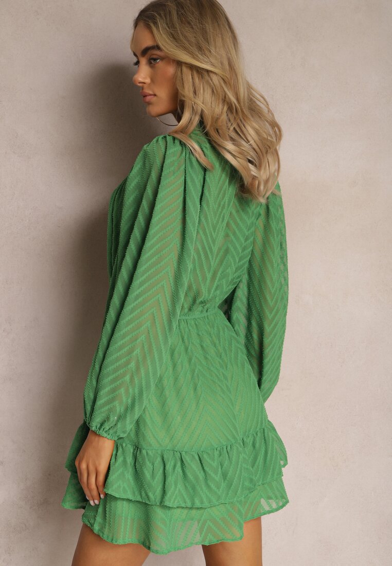 Zielona Sukienka Mini w Skośne Paski o Rozkloszowanym Fasonie z Gumką w Talii Tennari