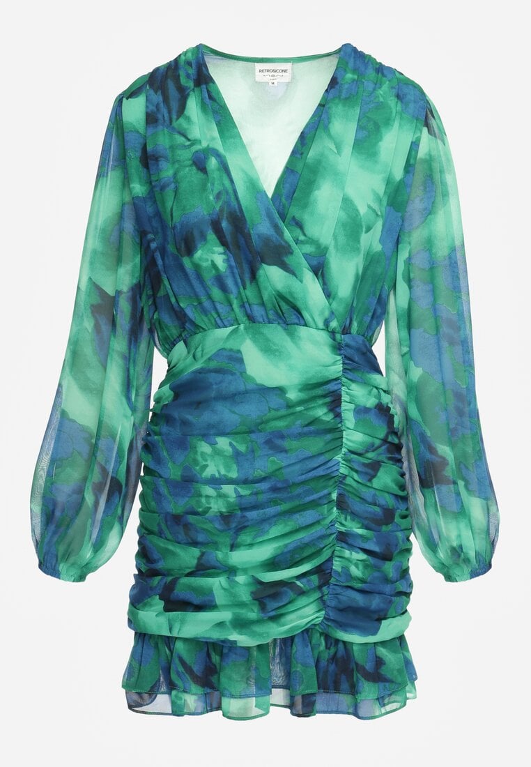 Rochie Verde Mini Cu Decolteu Petrecut Cu Drapat Si Volan Sanitresa