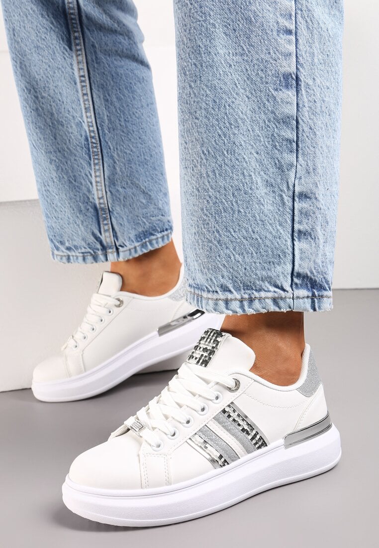 Sneakers Albi-Argintii pe Platformă Joasă cu Inserții Sclipitoare Renallsa