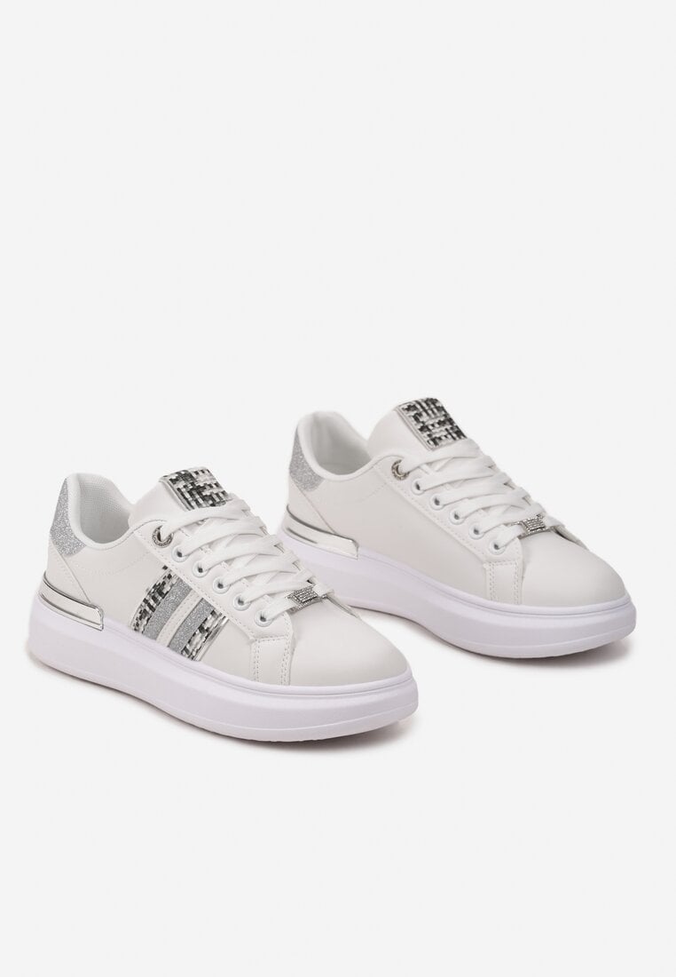 Sneakers Albi-Argintii pe Platformă Joasă cu Inserții Sclipitoare Renallsa
