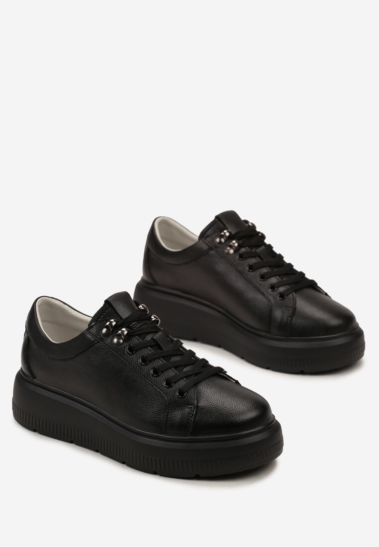 Czarne Skórzane Sneakersy na Grubej Podeszwie Elirna