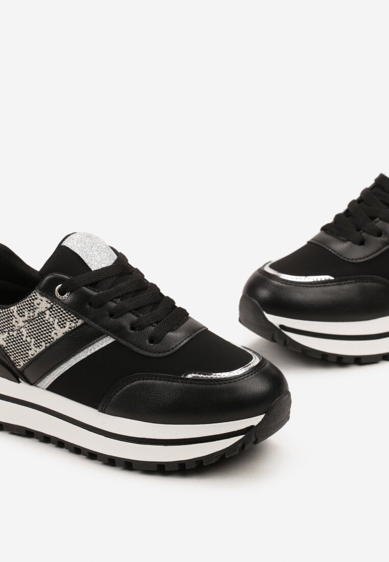 Czarne Sneakersy z Materiałowymi Wstawkami na Grubej Podeszwie Ozdobione Brokatem Zirnna