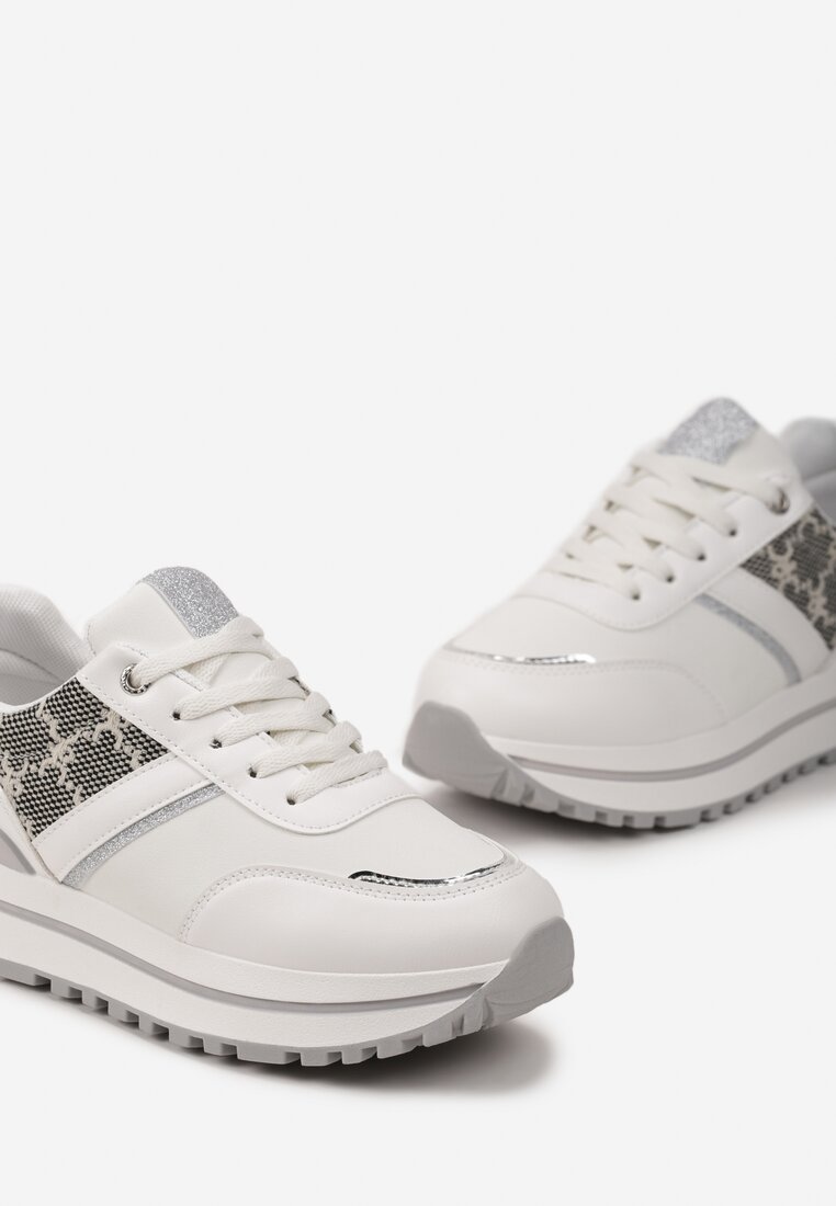 Białe Sneakersy z Materiałowymi Wstawkami na Grubej Podeszwie Ozdobione Brokatem Zirnna