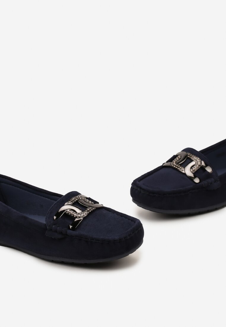 Mocasini Bleumarin Plat din Piele Întoarsă Ecologică cu Cataramă Împodobită cu Zirconiu Tailer