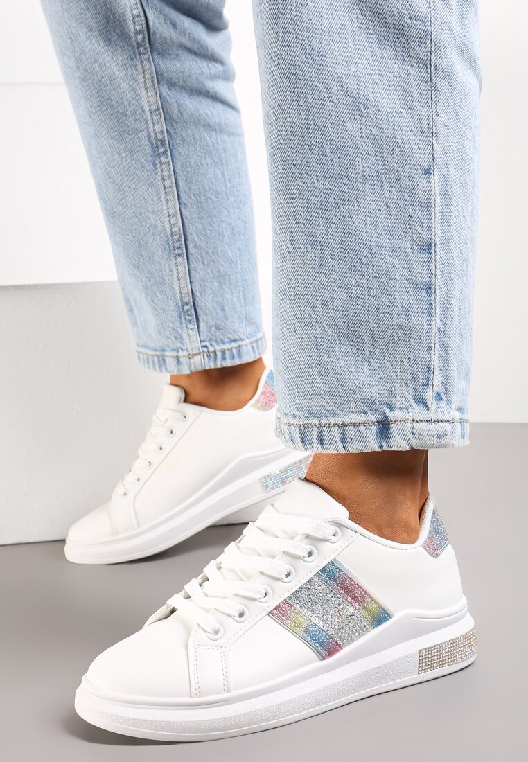 Sneakers Albi cu Inserții Metalice și Pietre Strass pe Talpă Groasă Wirela