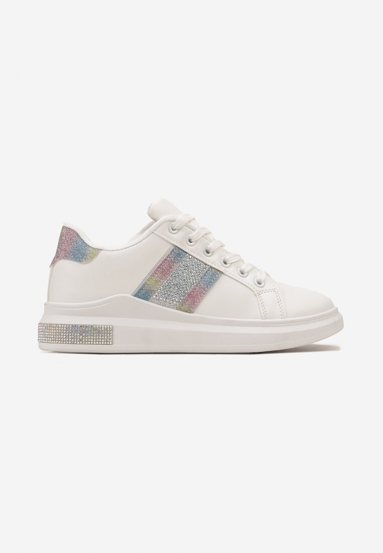 Sneakers Albi cu Inserții Metalice și Pietre Strass pe Talpă Groasă Wirela