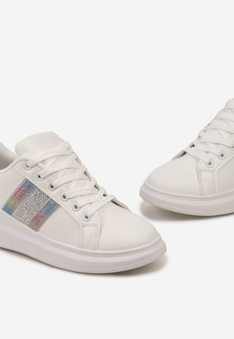 Sneakers Albi cu Inserții Metalice și Pietre Strass pe Talpă Groasă Wirela