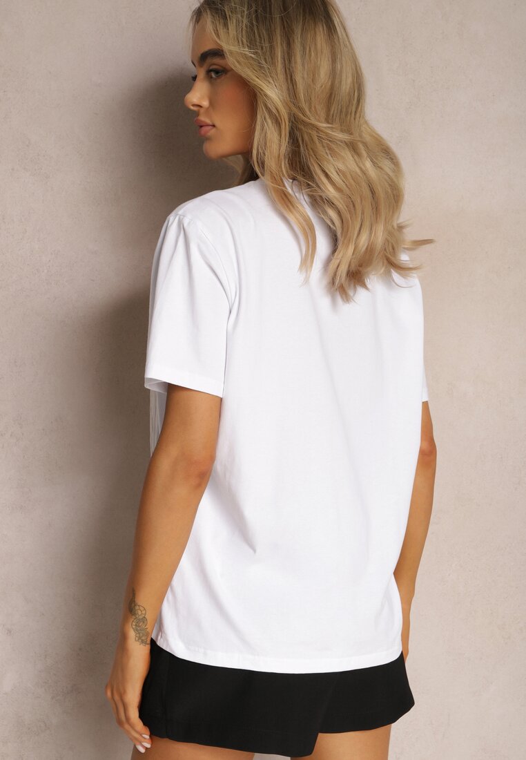 Biały T-shirt z Elastycznej Bawełny z Koralikami i Frędzlami Naleissa