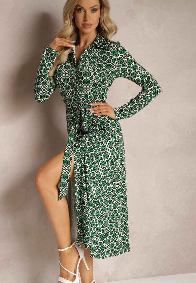 Zielona Sukienka Maxi o Taliowanym Kroju z Paskiem w Geometryczny Wzór Perani
