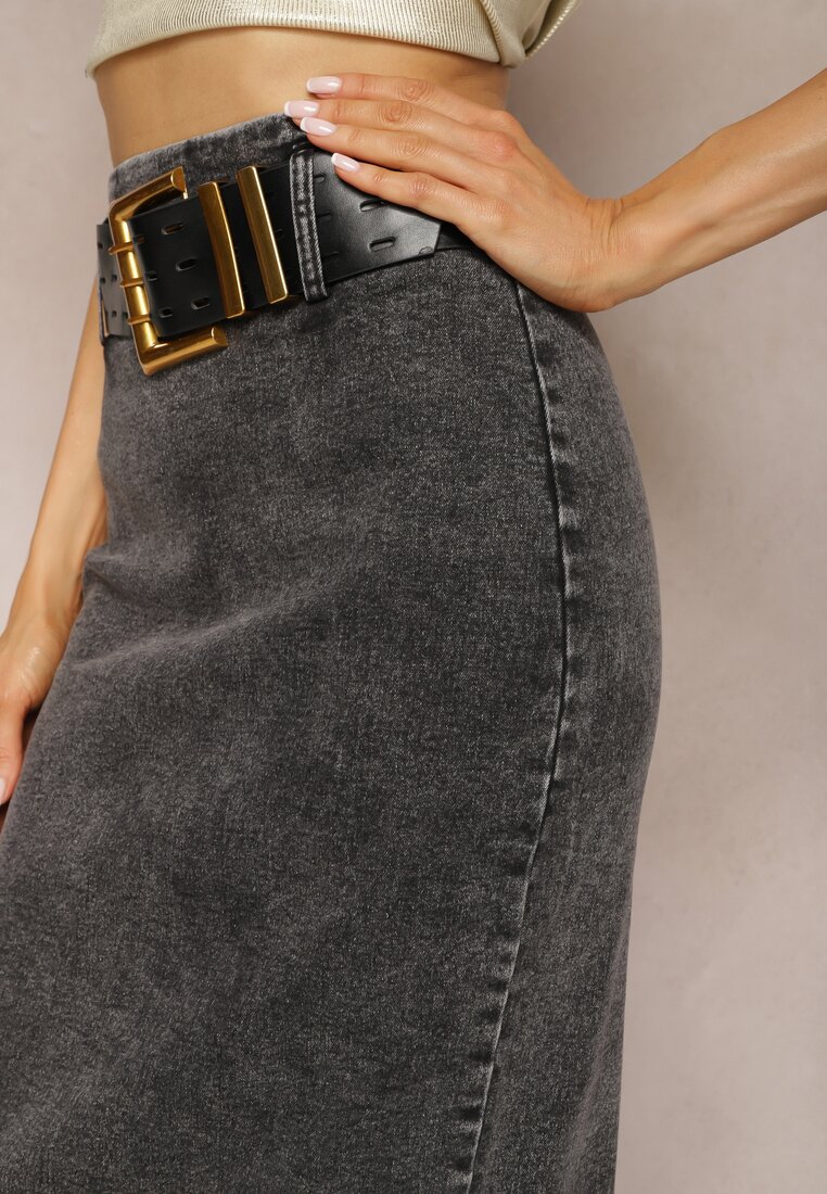 Czarna Jeansowa Spódnica Midi Bawełniana z Ażurowym Paskiem i Klamrą Allerio