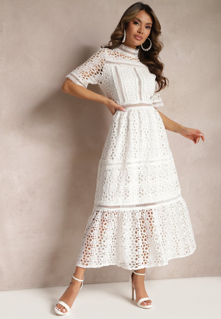 Biała Rozkloszowana Sukienka Maxi Ażurowa z Falbanką Ranilette