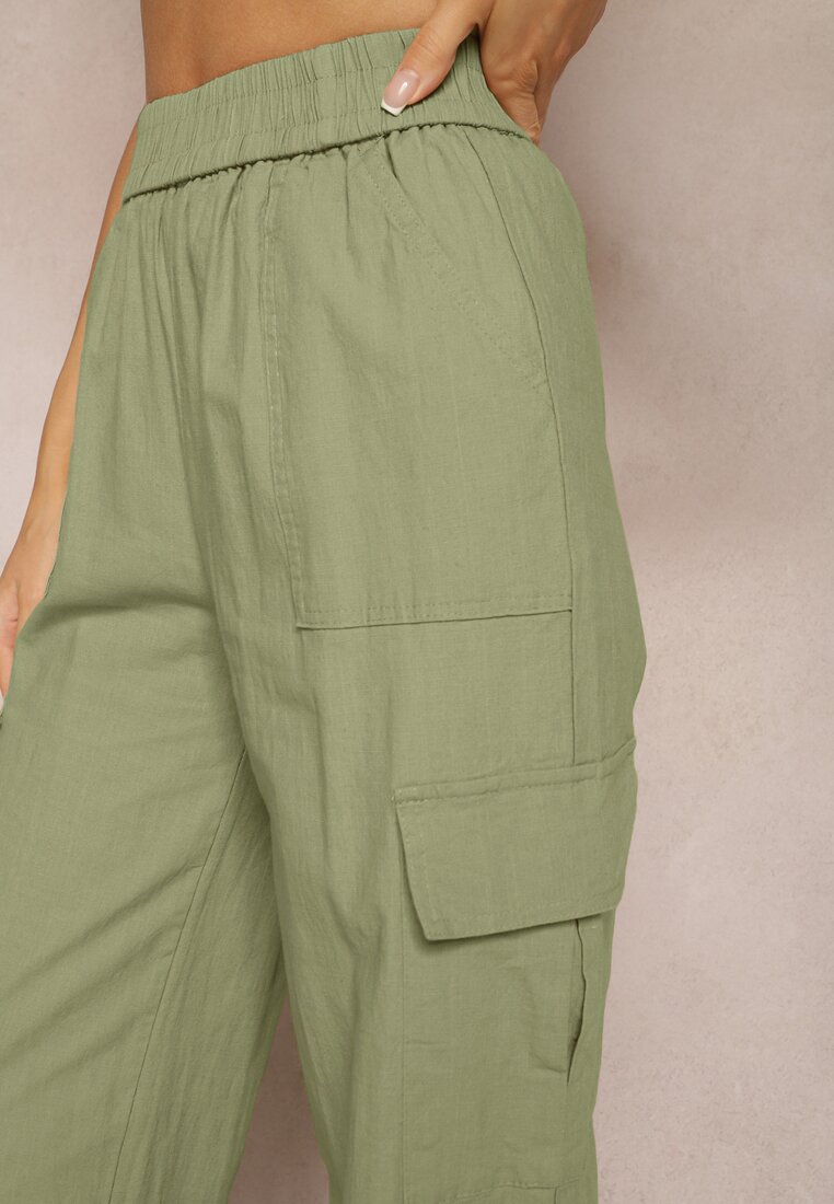 Zielone Spodnie Spadochronowe z Wysokim Stanem i Kieszeniami z Klapami Nymfa
