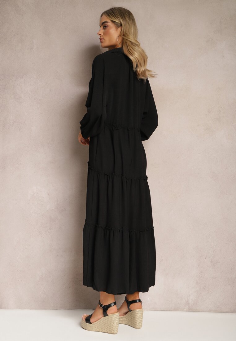 Czarna Długa Sukienka z Koszulową Górą i Rozkloszowanym Odcinanym Dołem Iremita